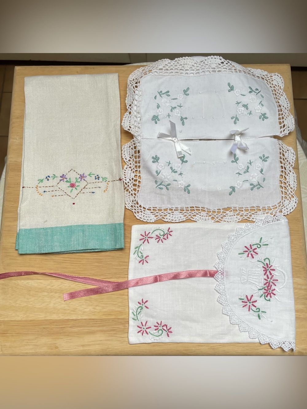 Vintage tissue box cover, tea towel and embroidered bag